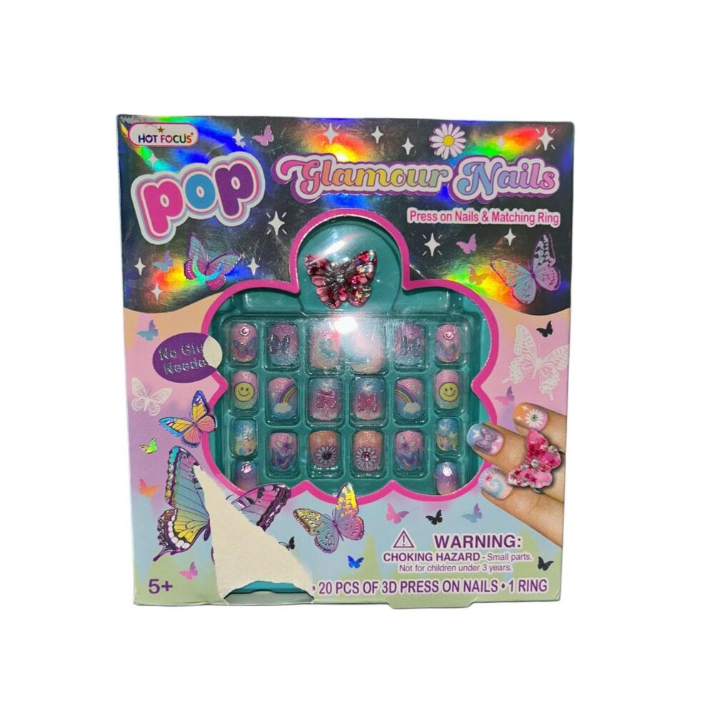 NIB POP Kids Glamour Rainbow Butterfly 3D Press On Nails w/ Bonus Ring Accessory